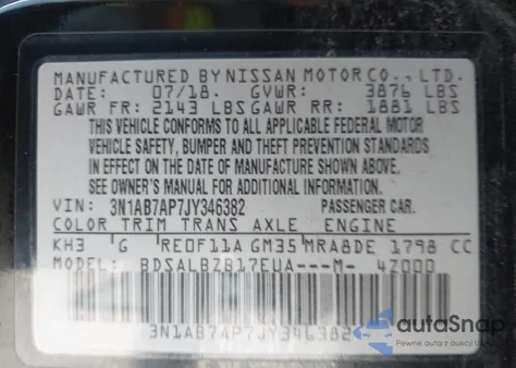 2018 Nissan Sentra S z USA, uszkodzony, nr VIN 3N1AB7AP7JY346382